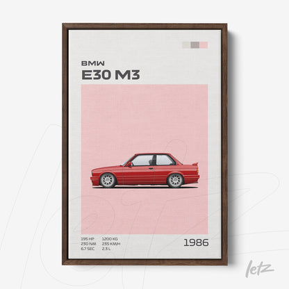 quadro com ilustração minimalista do carro BMW E30 M3 em moldura de madeira escura