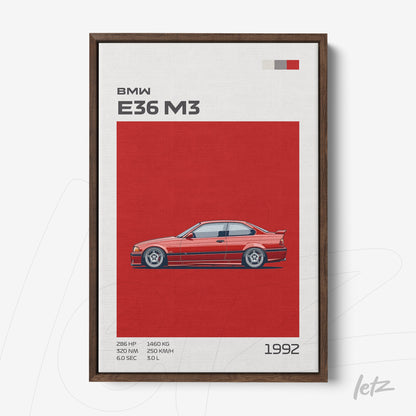 quadro com ilustração do carro BMW E36 M3 em destaque vermelho e fundo texturizado, com moldura de madeira escura