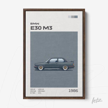 quadro com arte digital do carro BMW E30 M3 em moldura de madeira escura