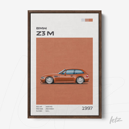 quadro com arte digital do carro BMW Z3 M de 1997 em moldura de madeira escura