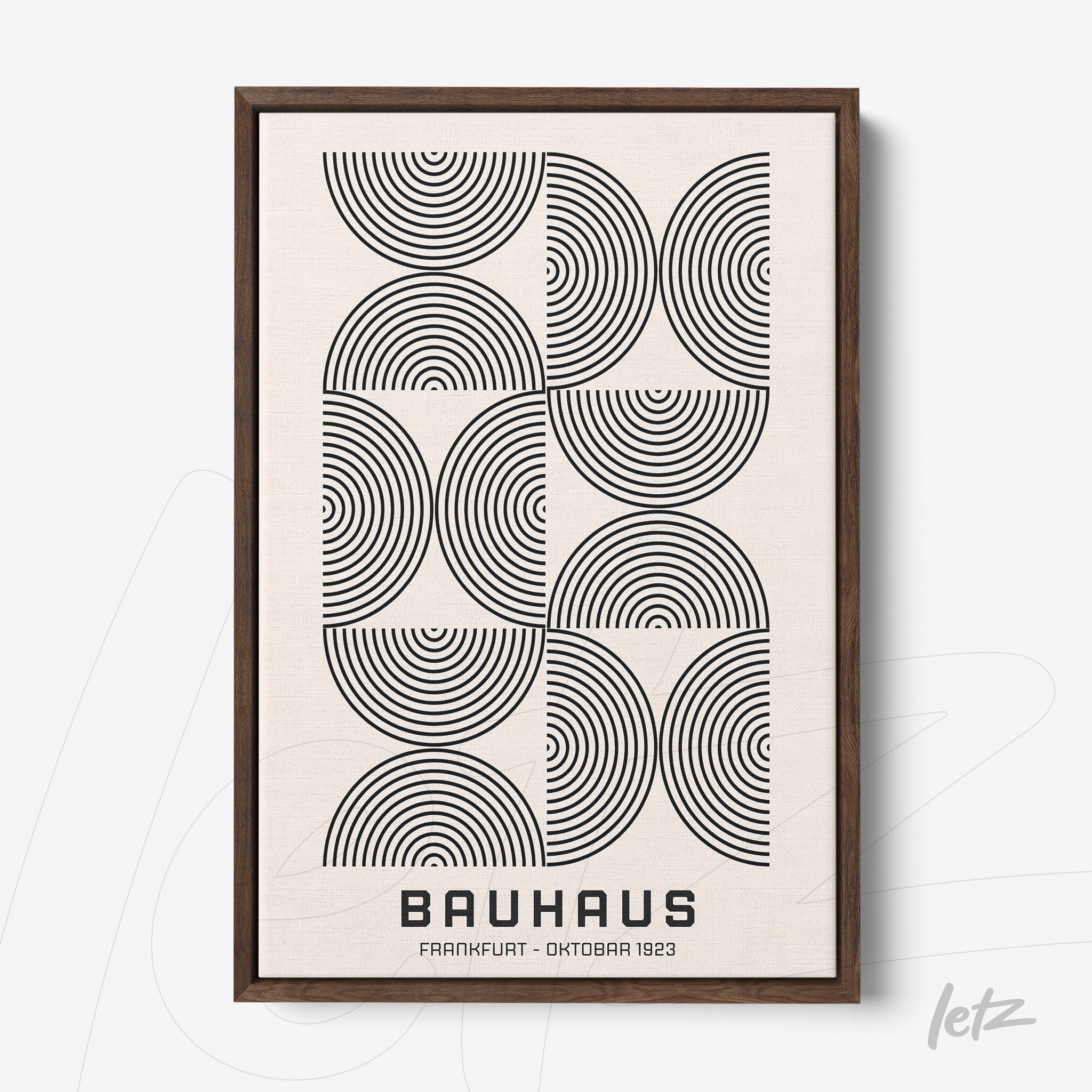 quadro com arte geométrica de círculos concêntricos em preto sobre fundo branco com moldura de madeira escura