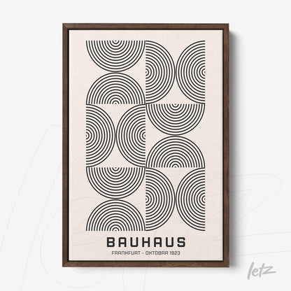 quadro com arte geométrica de círculos concêntricos em preto sobre fundo branco com moldura de madeira escura