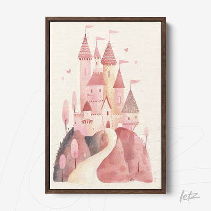 quadro em canvas com ilustração de um castelo rosa, cercado por árvores pink e colinas, moldura de madeira escura