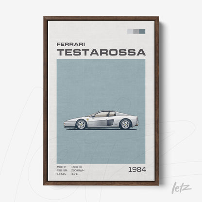 quadro com arte gráfica do carro Ferrari Testarossa em moldura de madeira escura