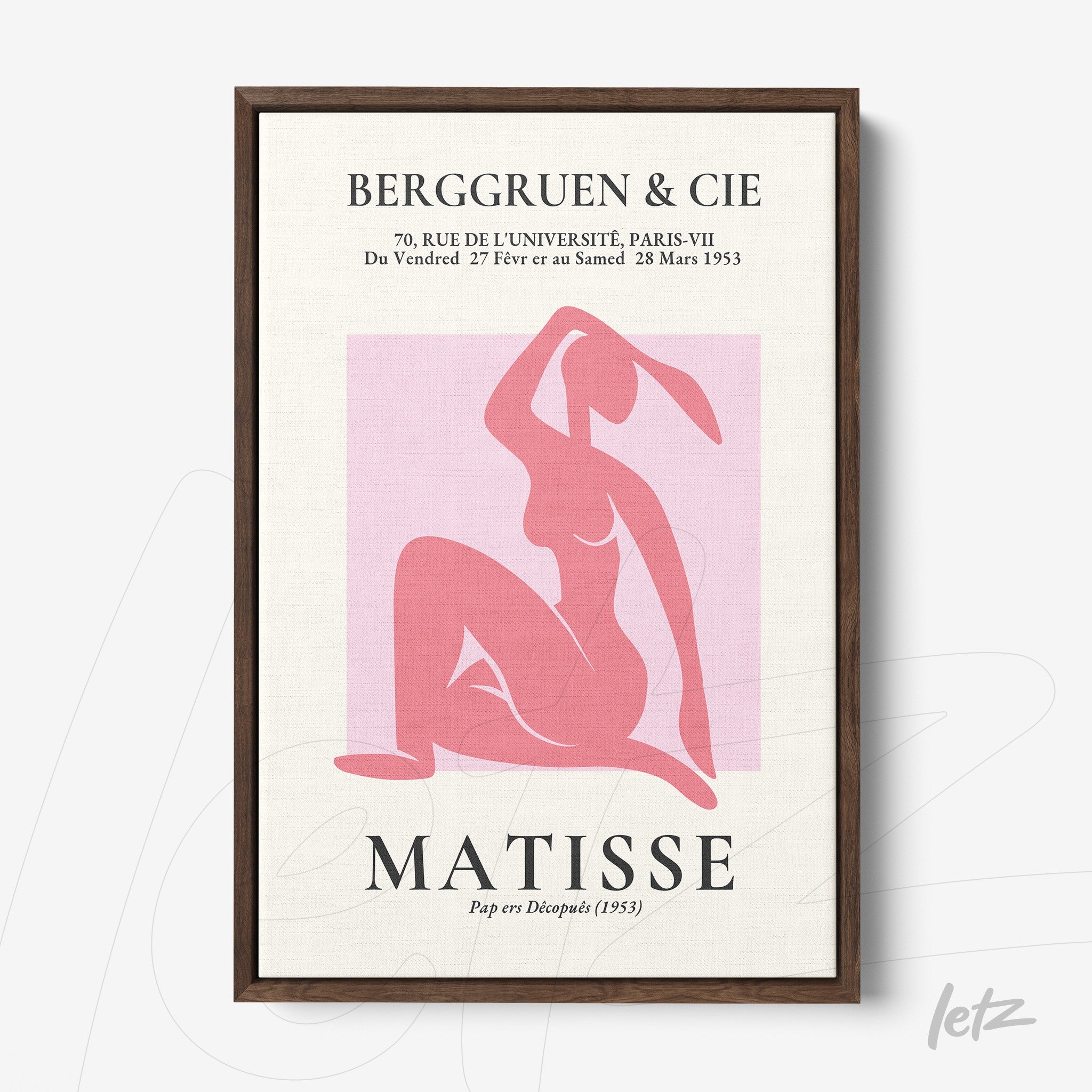 quadro com arte moderna em tons de rosa e vermelho, retratando silhueta feminina, moldura de madeira escura