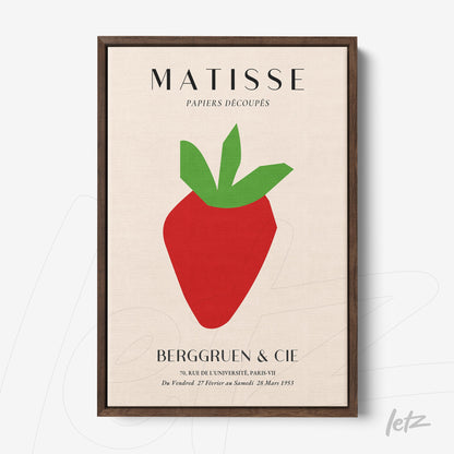 quadro com arte inspirada em Henri Matisse, apresentando uma morango estilizado com folhagem verde em fundo claro, moldura de madeira escura