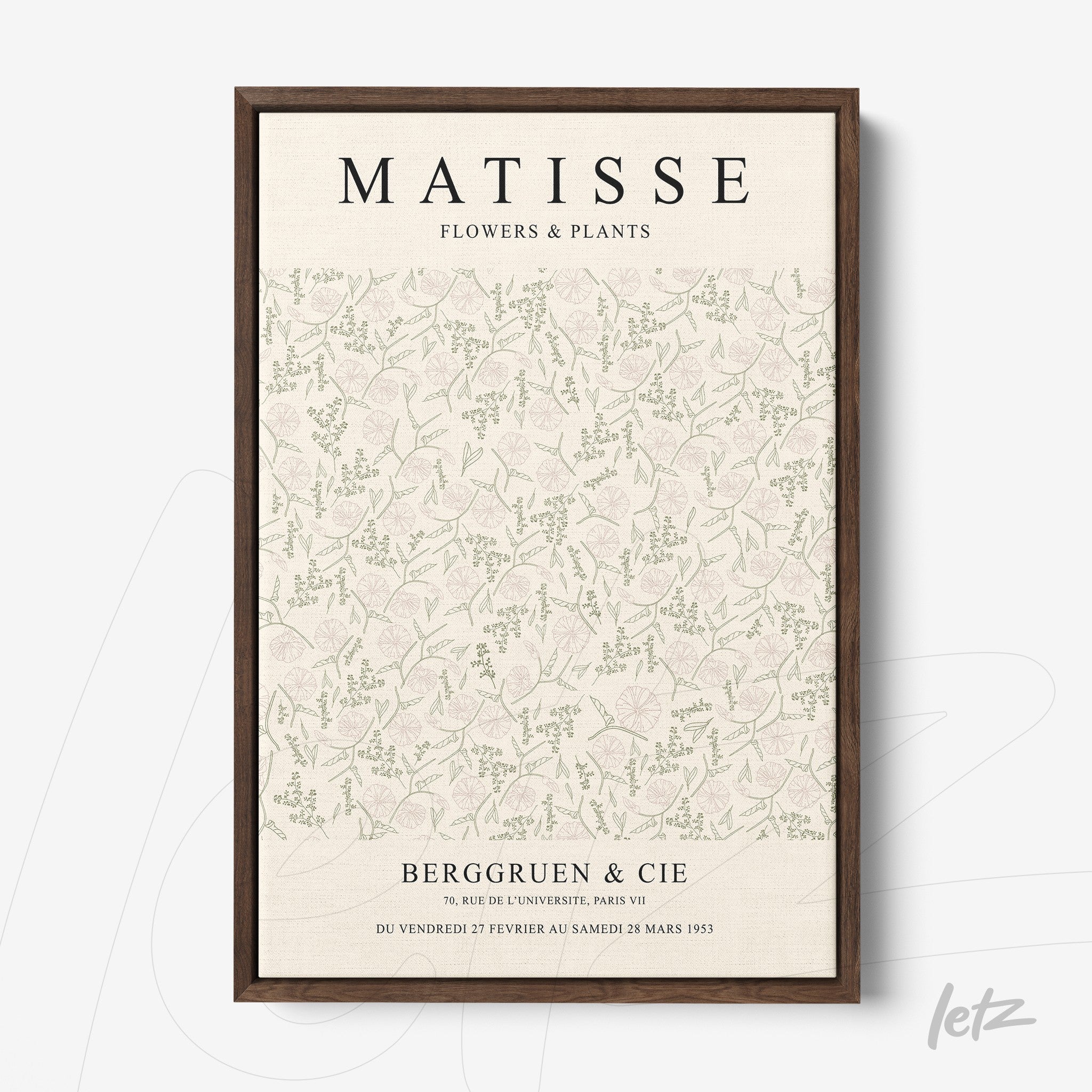 quadro com arte decorativa de flores e plantas em tonalidades suaves e moldura marrom escura