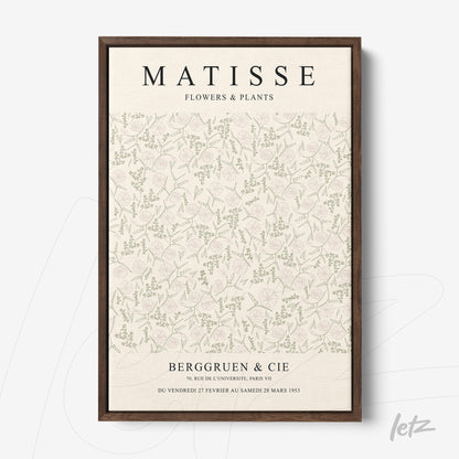 quadro com arte decorativa de flores e plantas em tonalidades suaves e moldura marrom escura