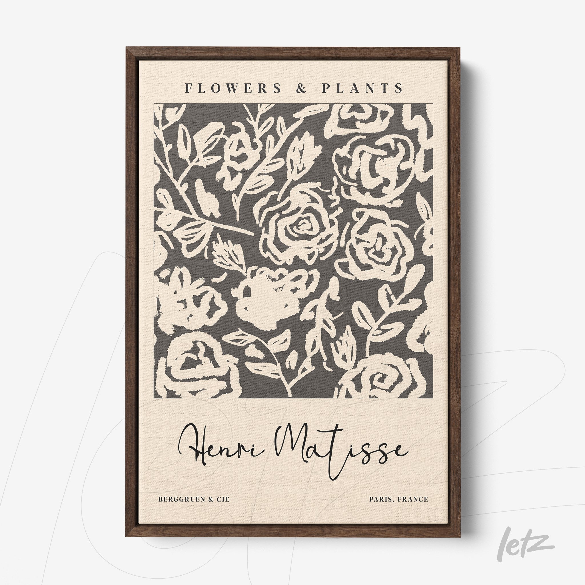 quadro decorativo com arte floral em fundo neutro e moldura marrom, inspirado em Henri Matisse