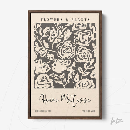 quadro decorativo com arte floral em fundo neutro e moldura marrom, inspirado em Henri Matisse