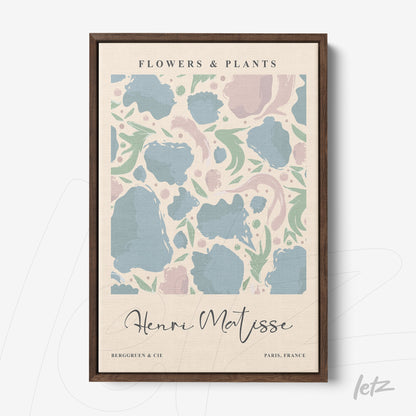 quadro com arte floral em estilo vintage, moldura de madeira escura, fundo claro com formas coloridas em azul, rosa e verde