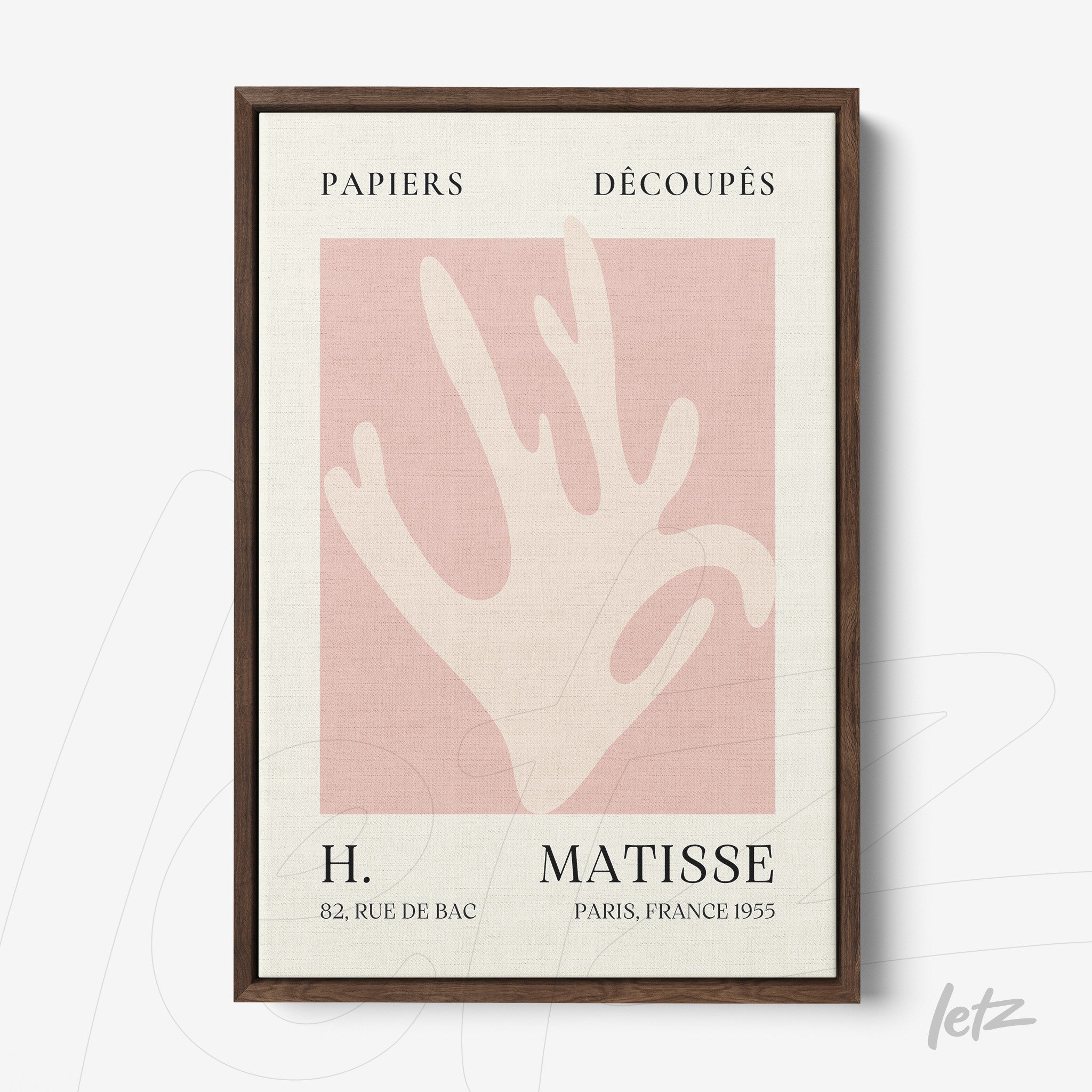 quadro com arte do artista Henri Matisse, apresentando uma silhueta de mão sobre fundo rosa claro com moldura escura