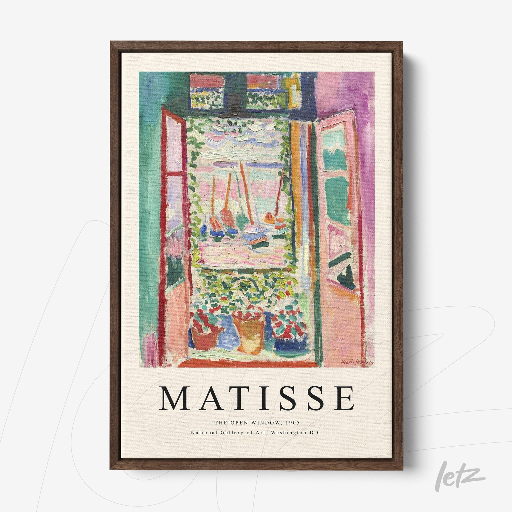 quadro com arte vibrante de janela aberta de Matisse em moldura marrom escura