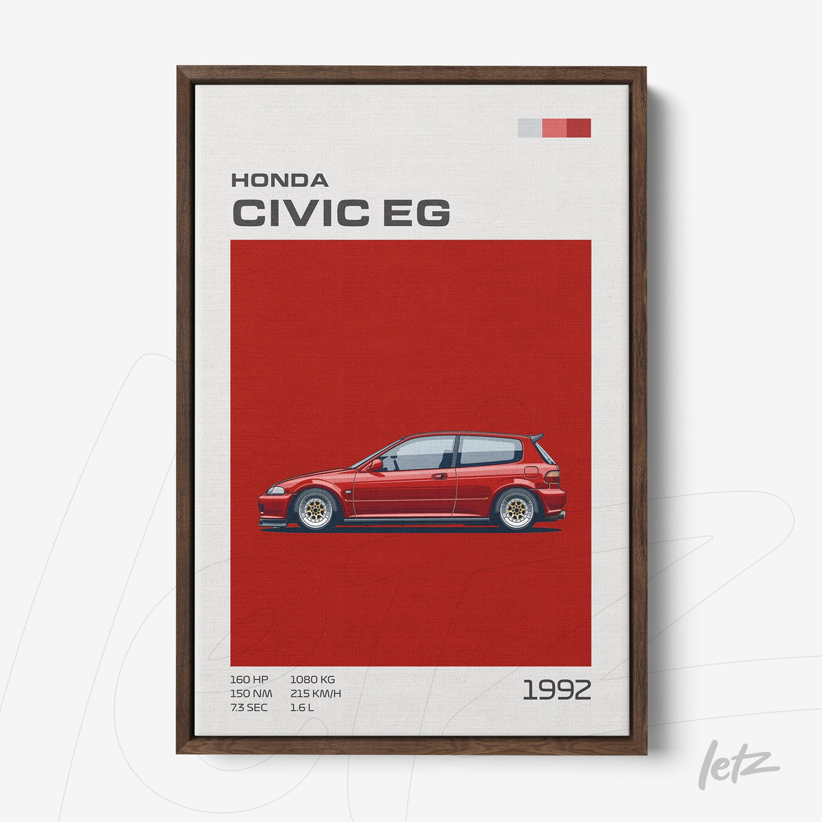 quadro com ilustração do carro Honda Civic EG de 1992 em fundo vermelho