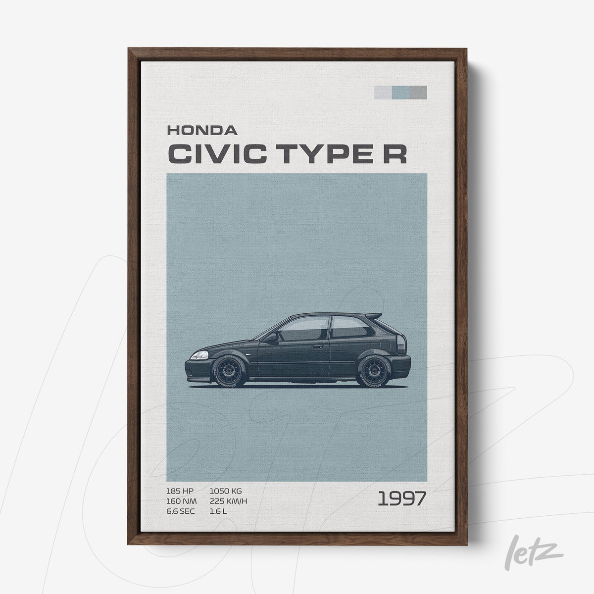 quadro com arte digital do carro Honda Civic Type R de 1997 em moldura de madeira escura