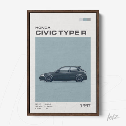 quadro com arte digital do carro Honda Civic Type R de 1997 em moldura de madeira escura