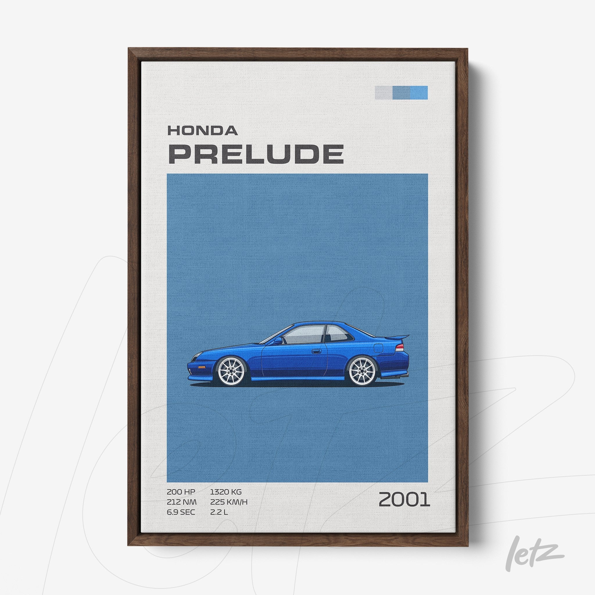 quadro com arte de carro esportivo Honda Prelude de 2001 em moldura fina de madeira escura