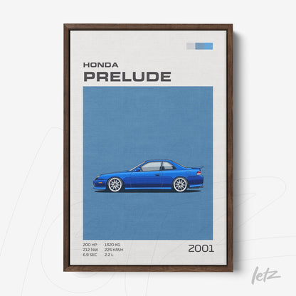 quadro com arte de carro esportivo Honda Prelude de 2001 em moldura fina de madeira escura