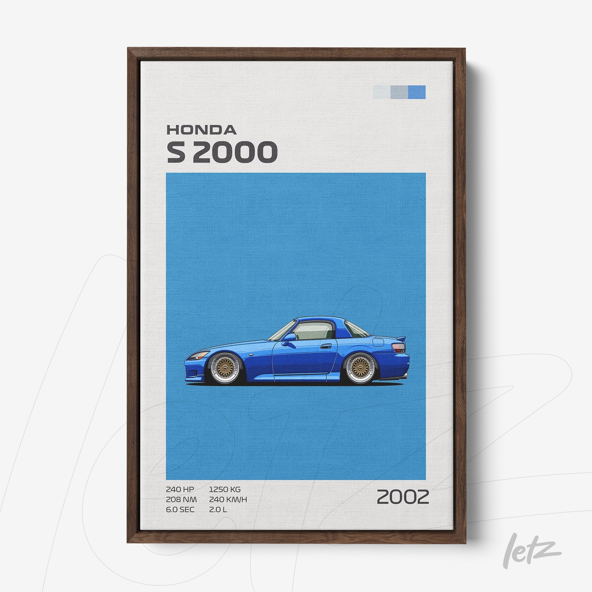 quadro com ilustração do carro Honda S2000 em fundo azul vibrante e moldura de madeira escura