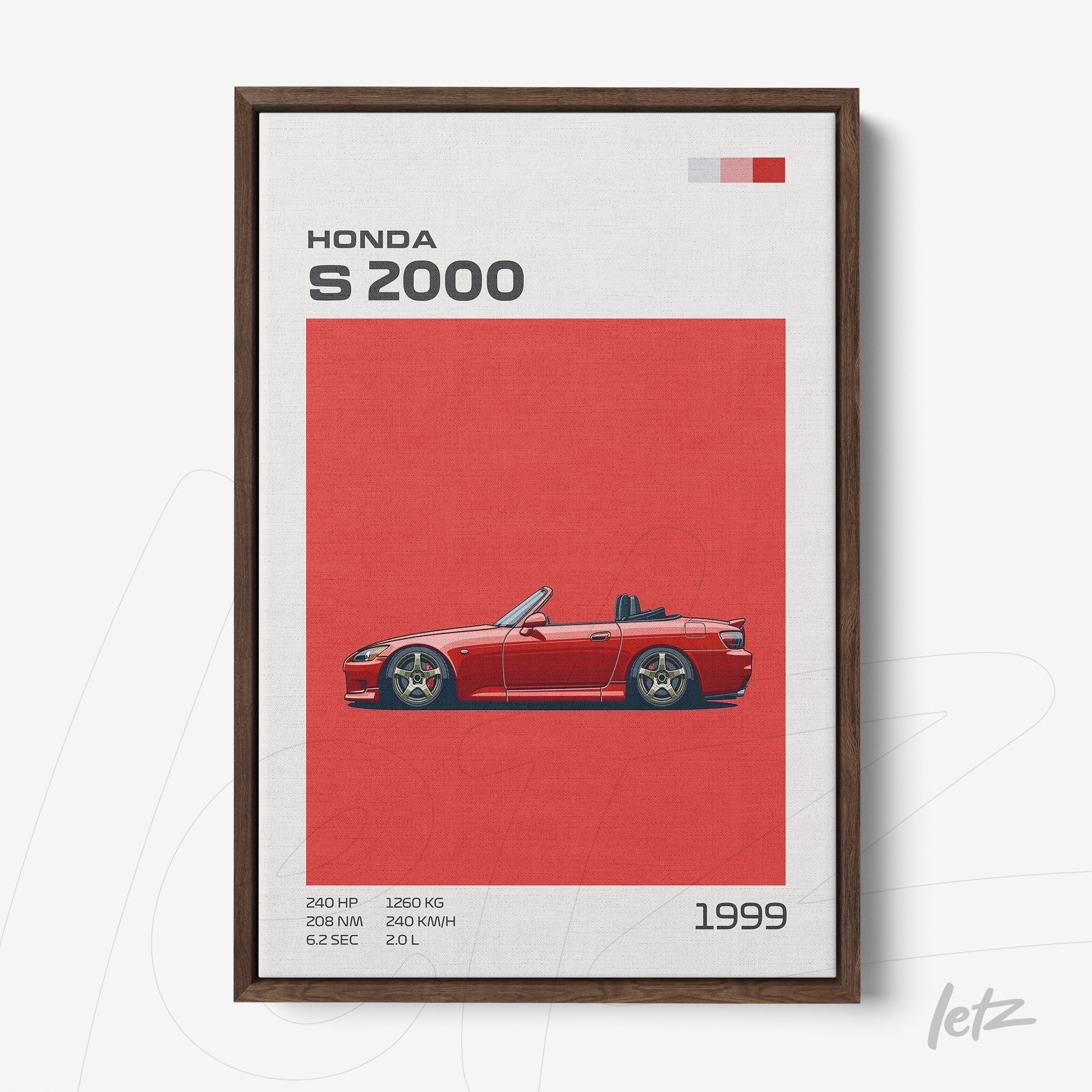 quadro com ilustração do carro esportivo Honda S2000 em fundo vermelho, moldura de madeira escura
