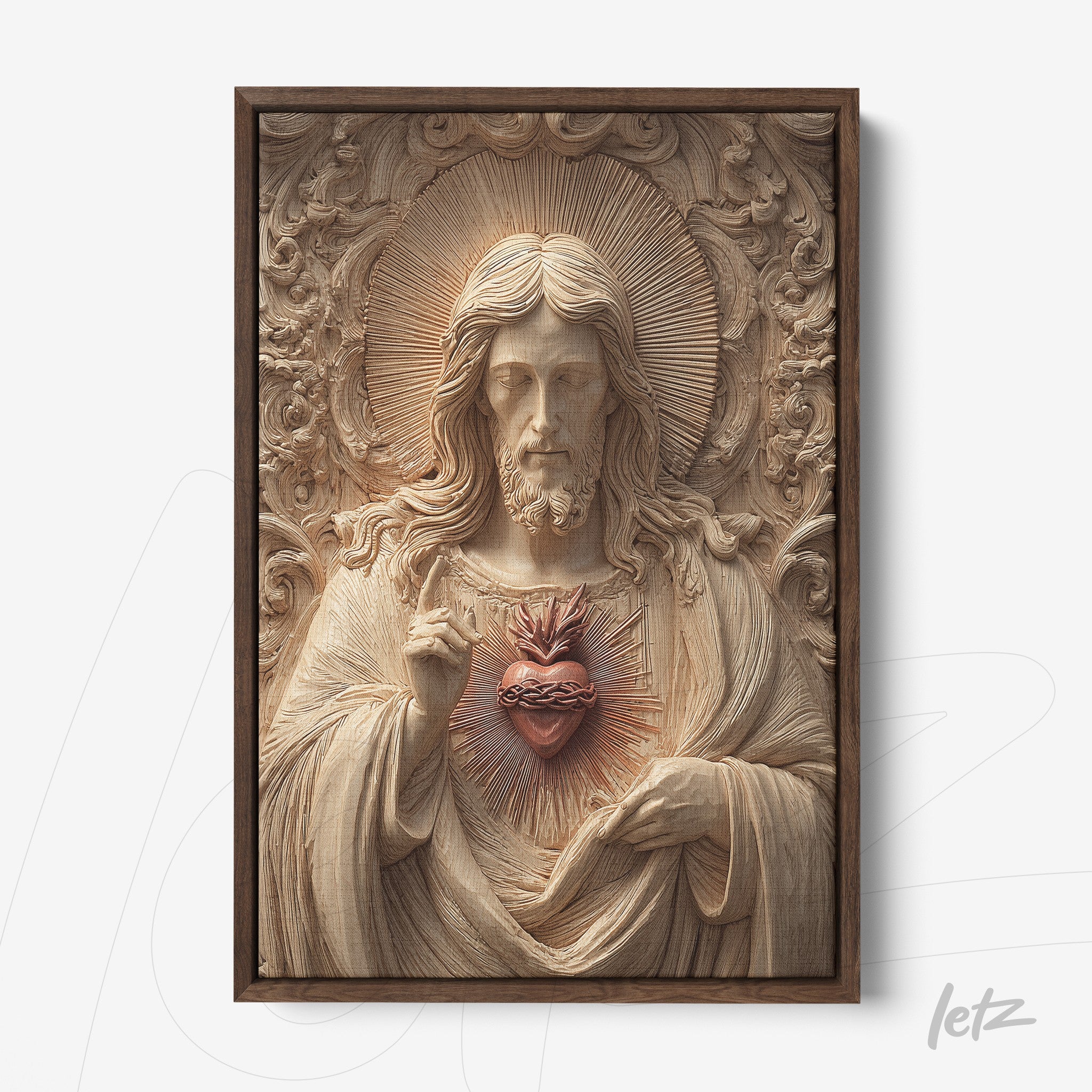 quadro com relevo em madeira da imagem de Jesus Cristo com coração sagrado em moldura escura