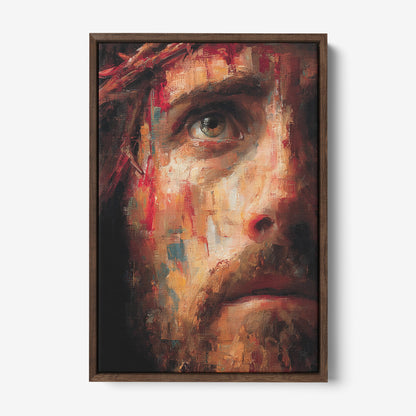 quadro em tela canvas com retrato expressivo de Cristo em cores vibrantes e pinceladas soltas, moldura de madeira escura