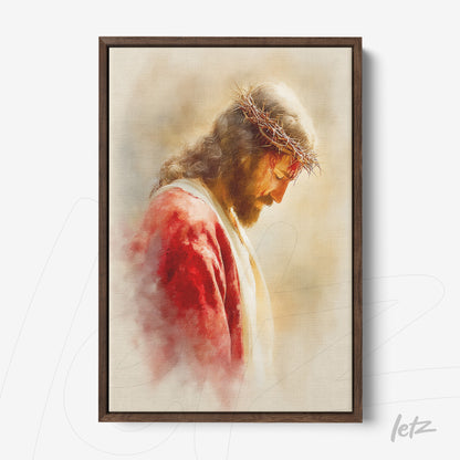quadro com arte sacra de Jesus Cristo usando uma coroa de espinhos em moldura de madeira escura