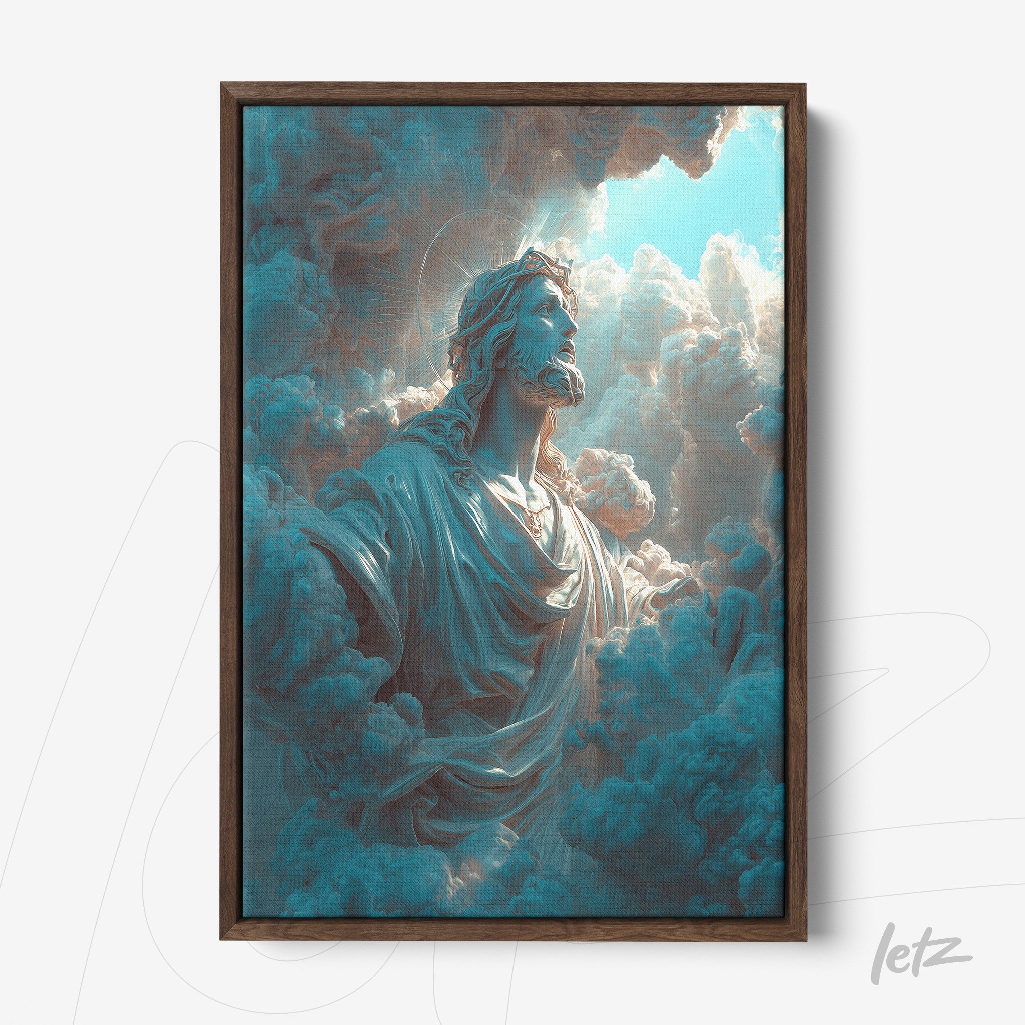 quadro com arte digital de figura divina emergindo entre nuvens densas em moldura de madeira escura