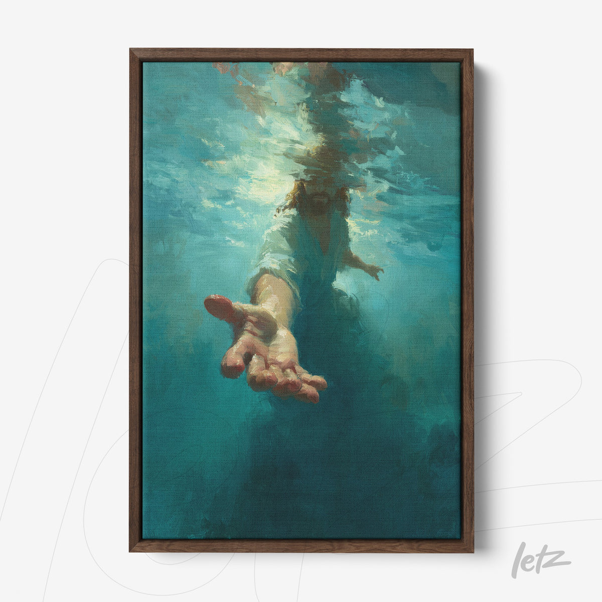 quadro com arte religiosa mostrando a figura de Jesus emergindo da água com a mão estendida, emoldurado com moldura de madeira escura