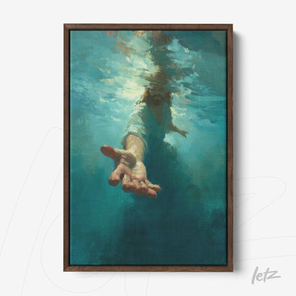 quadro com arte religiosa mostrando a figura de Jesus emergindo da água com a mão estendida, emoldurado com moldura de madeira escura
