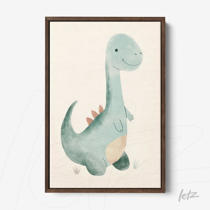 quadro com ilustração de dinossauro em aquarela com moldura de madeira escura
