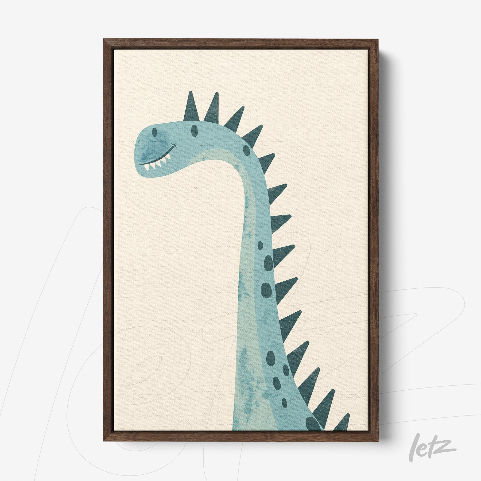 quadro com ilustração de um dinossauro azul em moldura marrom