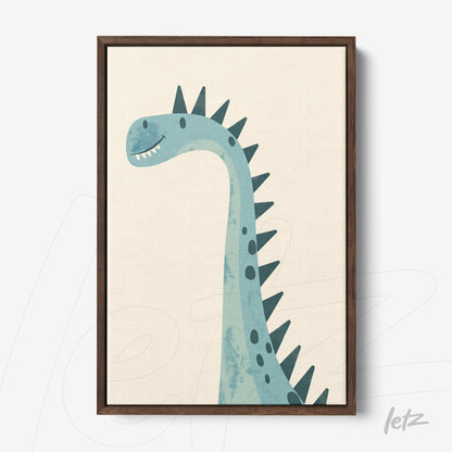 quadro com ilustração de um dinossauro azul em moldura marrom