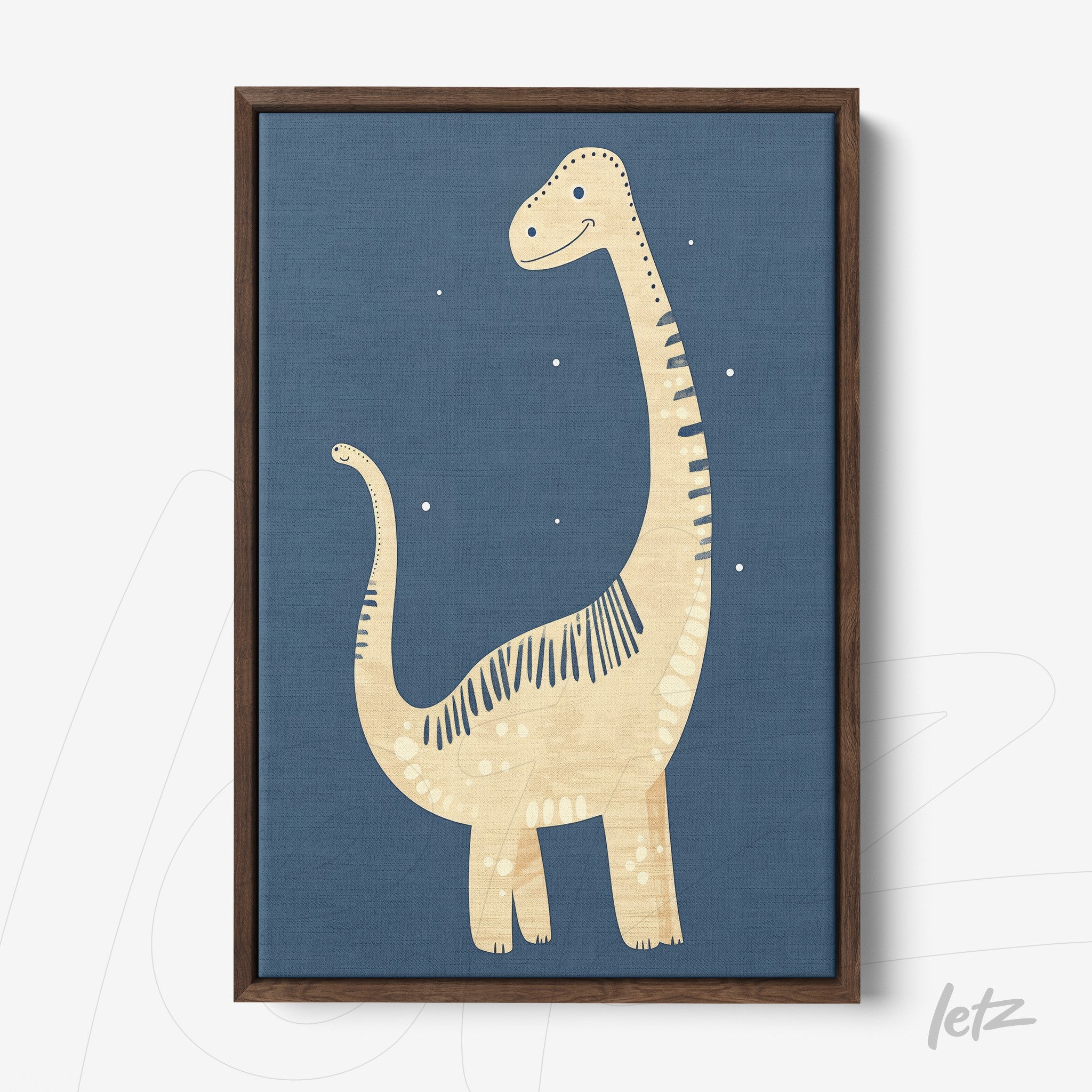 quadro com ilustração infantil de dinossauro em fundo azul escuro e moldura de madeira escura