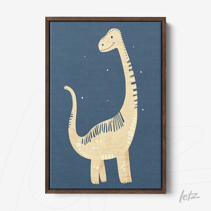 quadro com ilustração infantil de dinossauro em fundo azul escuro e moldura de madeira escura