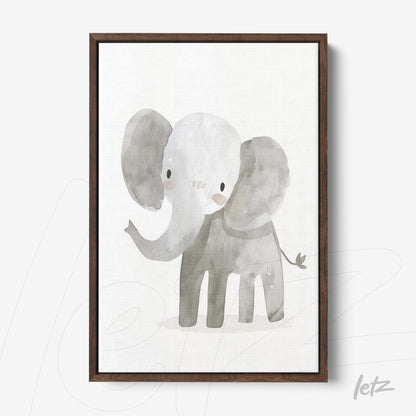 quadro com ilustração de elefante em aquarela, moldura de madeira escura