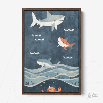 quadro com ilustração lúdica de tubarões nadando em um fundo azul, moldura de madeira escura