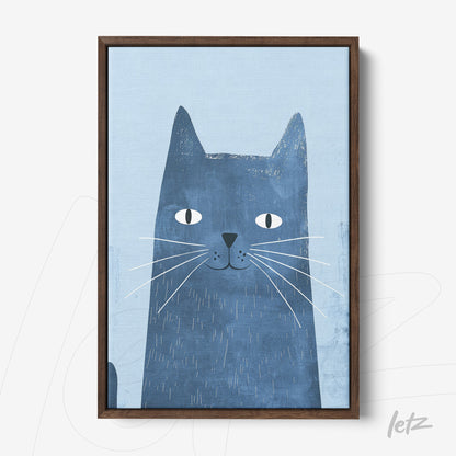 quadro com arte de gato estilizado em tons de azul, moldura de madeira escura