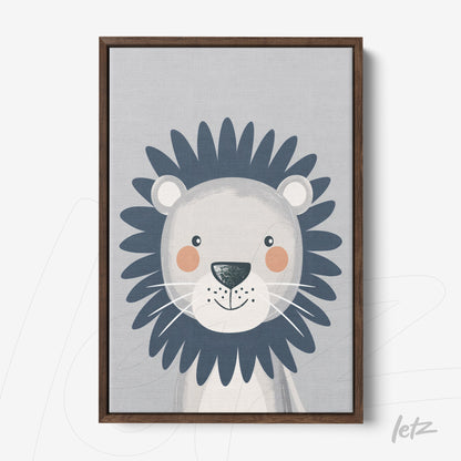 quadro com arte ilustrativa de um leão sorridente em moldura de madeira escura