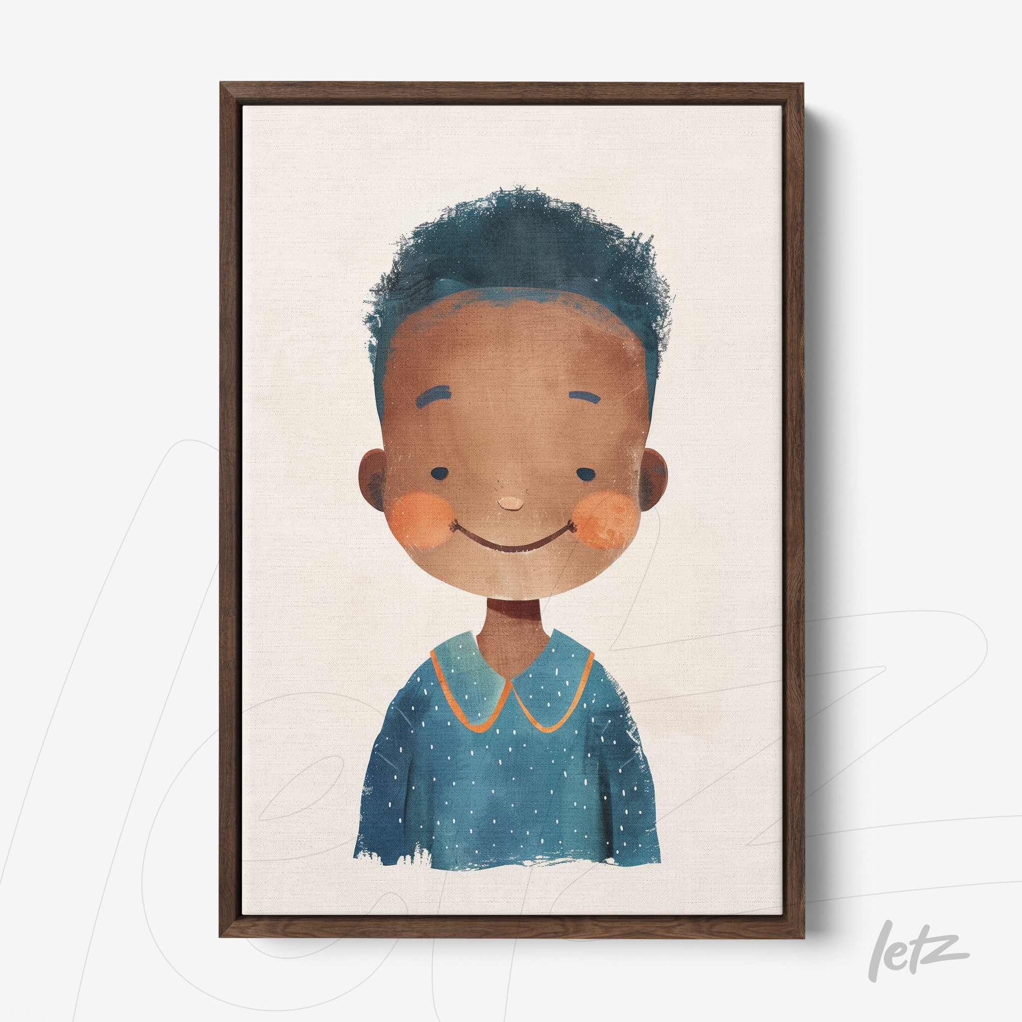 quadro com ilustração de personagem infantil sorridente com cabelo volumoso e camiseta azul em moldura de madeira escura