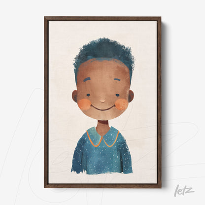 quadro com ilustração de personagem infantil sorridente com cabelo volumoso e camiseta azul em moldura de madeira escura