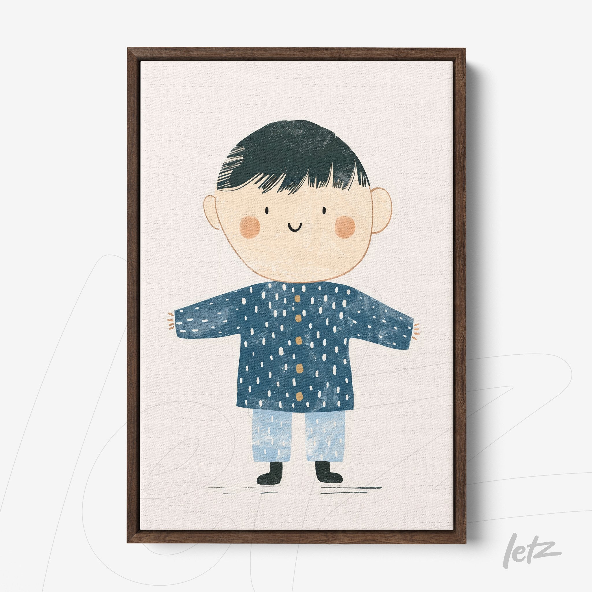 quadro com ilustração infantil de menino com roupa azul e sorriso, moldura de madeira escura