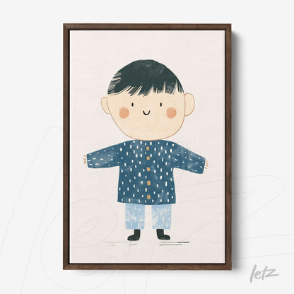 quadro com ilustração infantil de menino com roupa azul e sorriso, moldura de madeira escura