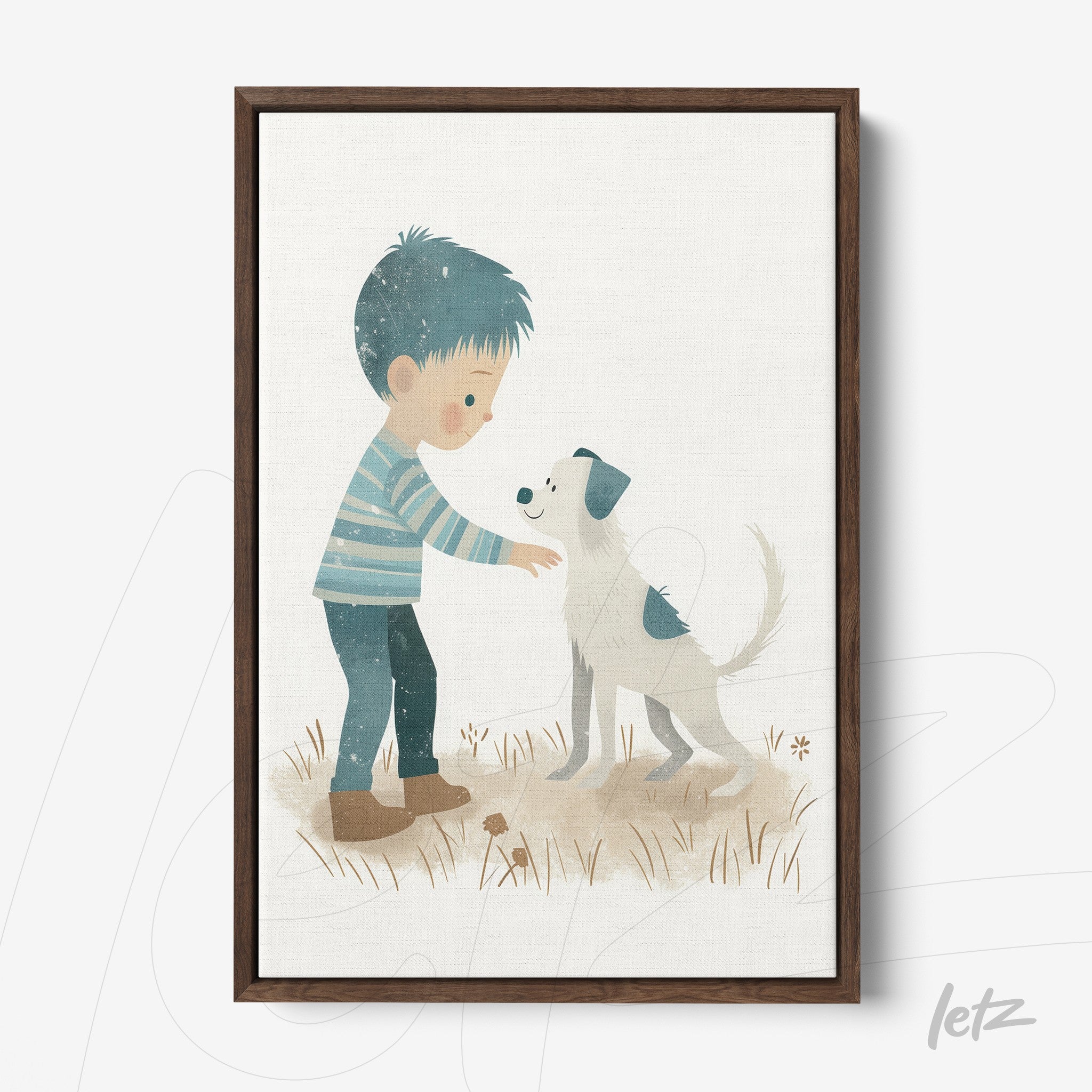 quadro com ilustração infantil de menino interagindo com um cachorro em moldura de madeira escura