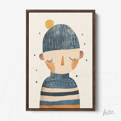 quadro com ilustração de personagem com chapéu, olhos fechados e camiseta listrada em moldura de madeira escura