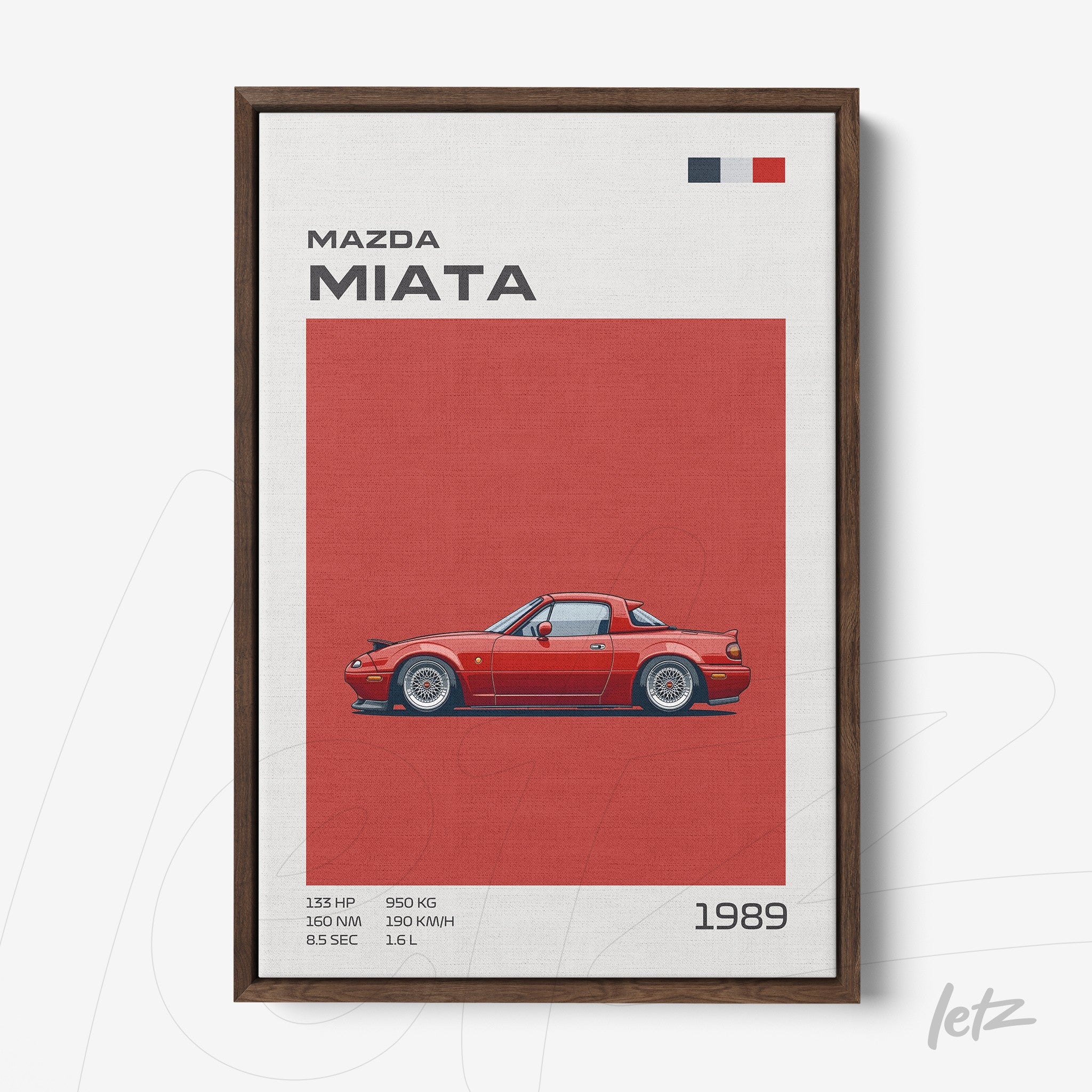 quadro decorativo com ilustração do carro Mazda Miata de 1989 em fundo vermelho