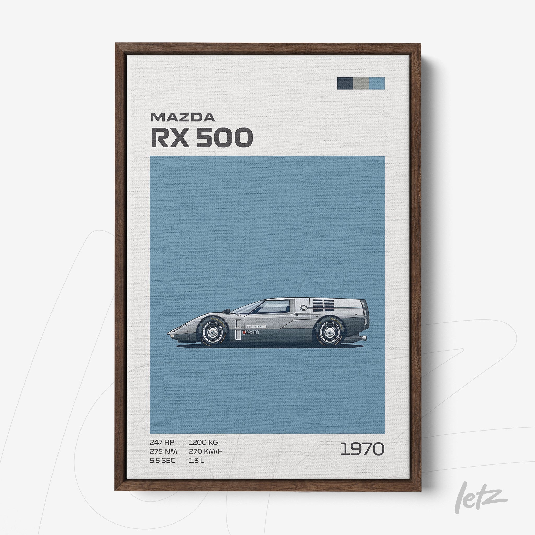 quadro com arte de carro esportivo Mazda RX 500 em moldura madeira escura com fundo azul