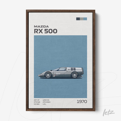 quadro com arte de carro esportivo Mazda RX 500 em moldura madeira escura com fundo azul
