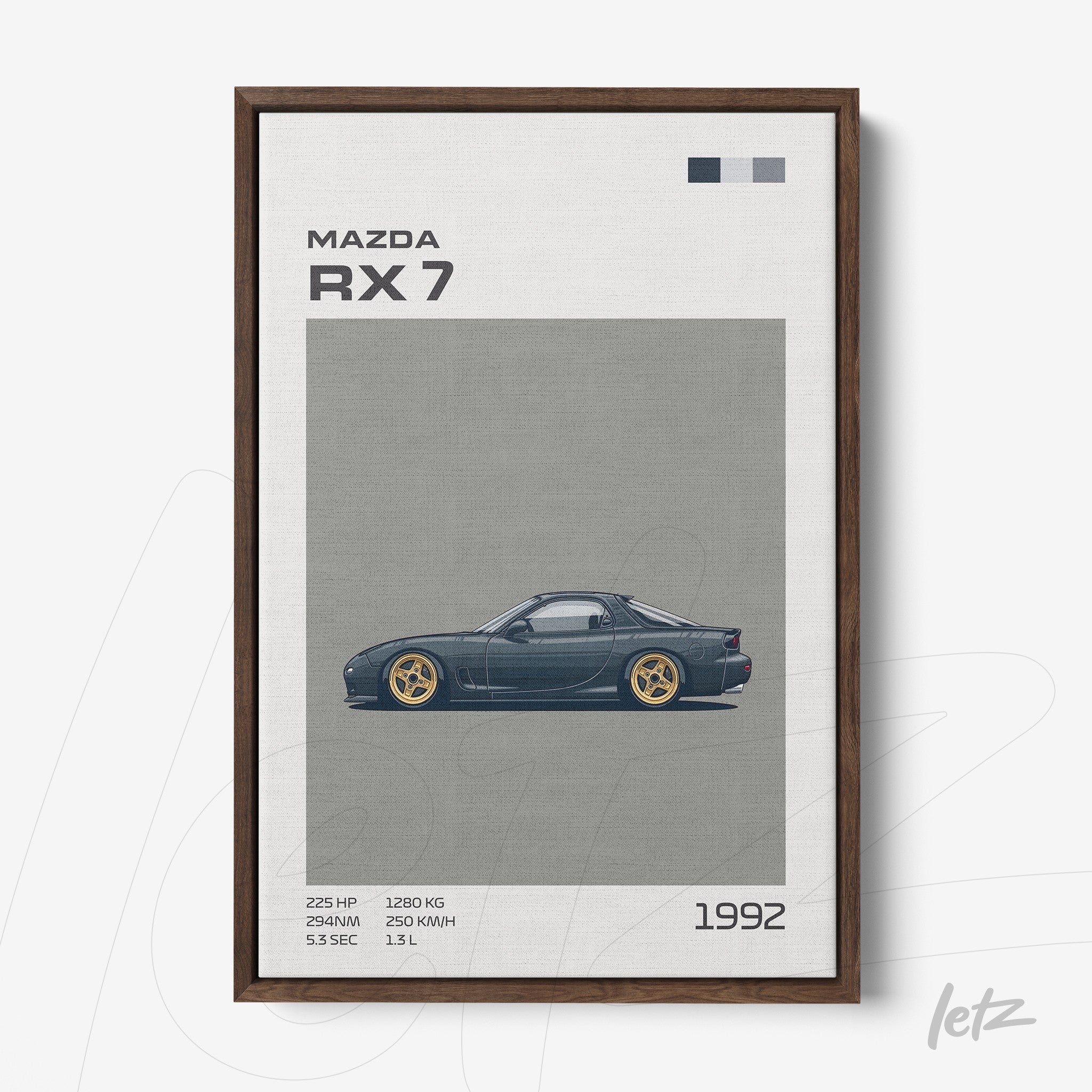quadro vertical com arte digital do carro Mazda RX 7 de 1992 apresentando fundo cinza e moldura madeira escura