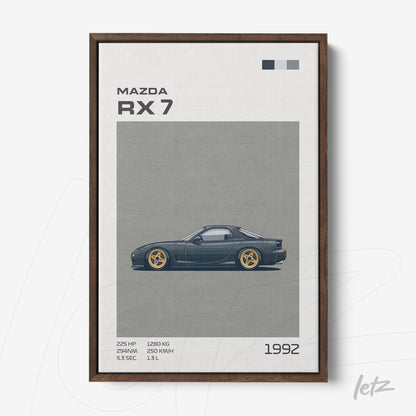 quadro vertical com arte digital do carro Mazda RX 7 de 1992 apresentando fundo cinza e moldura madeira escura